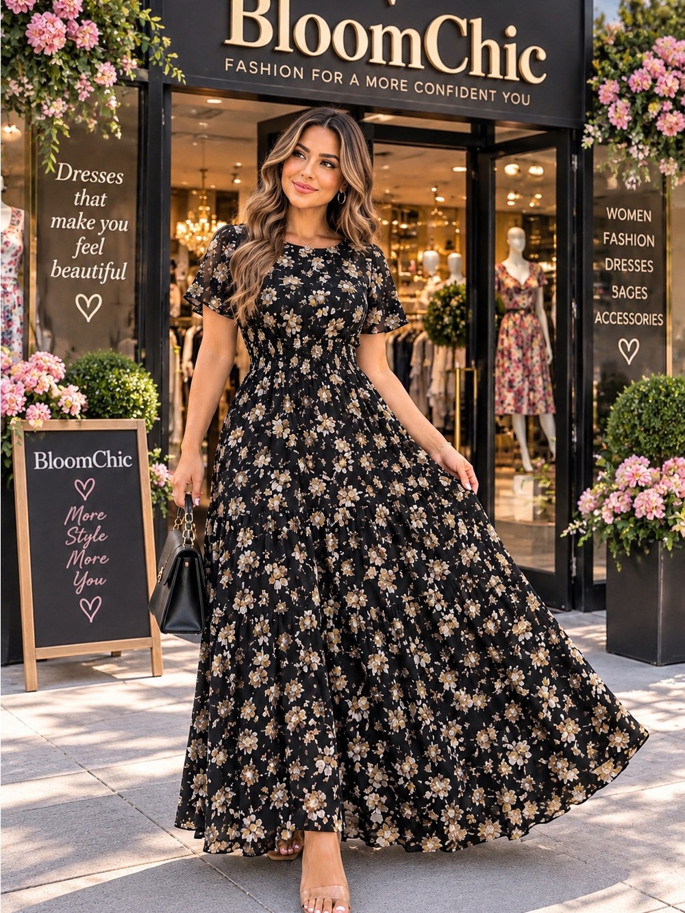 BloomChic Black Floral Tiered Maxi Dress